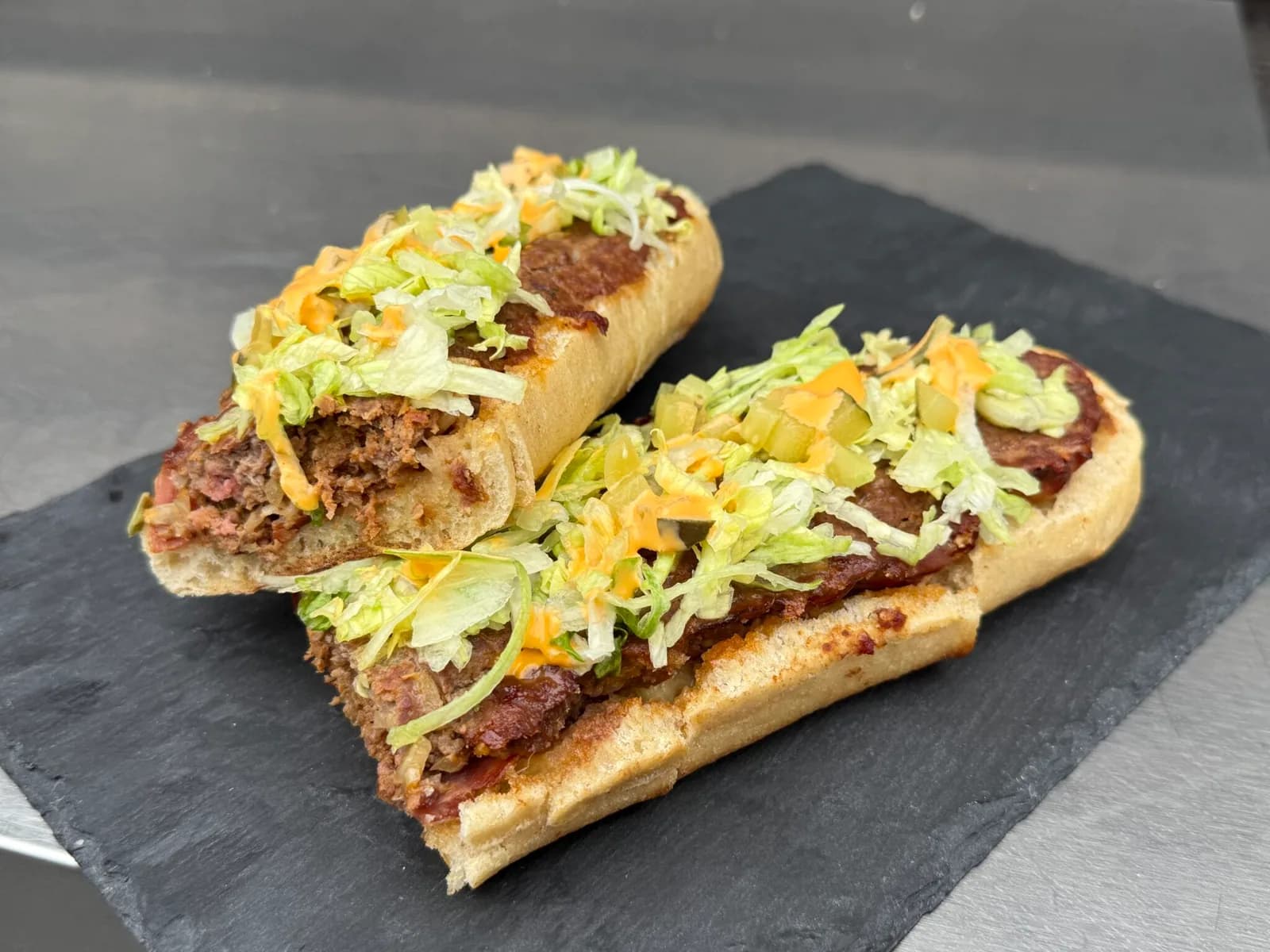 Bacon cheeseburger baguette