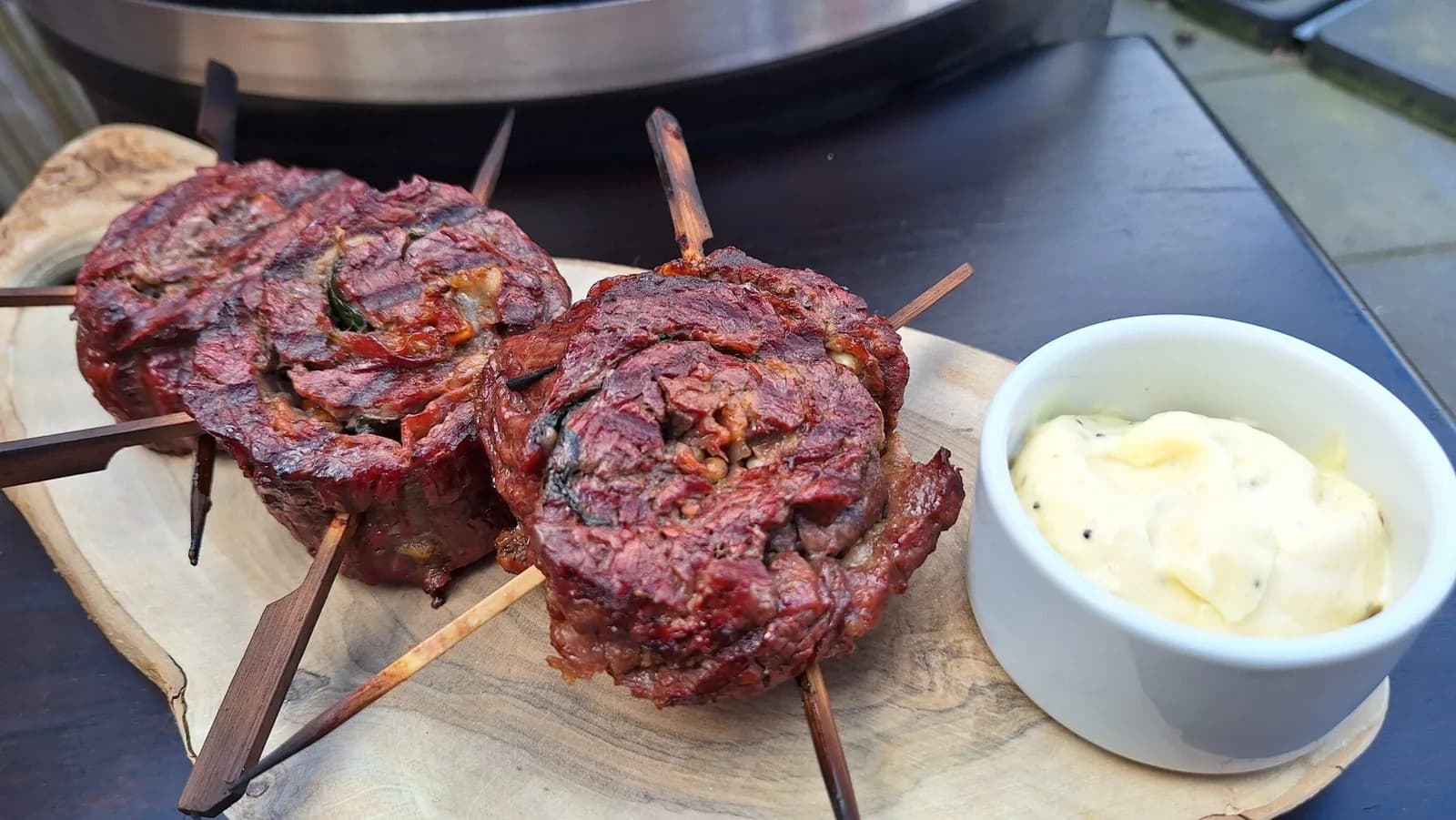 Bavette pinwheels with truffle mayonnaise