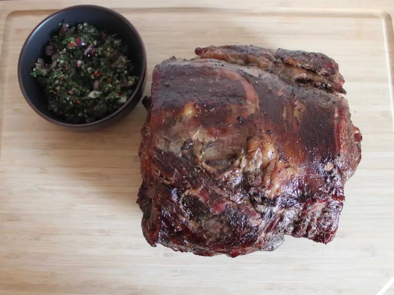 Whole BBQ ribeye with chimichurri