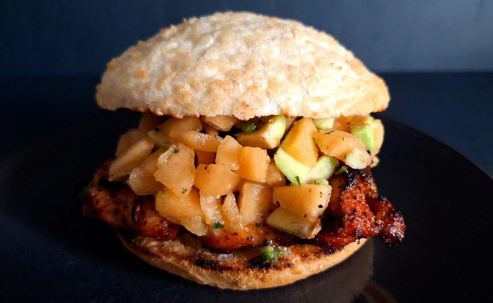 Cajun chicken sandwiches with melon salsa