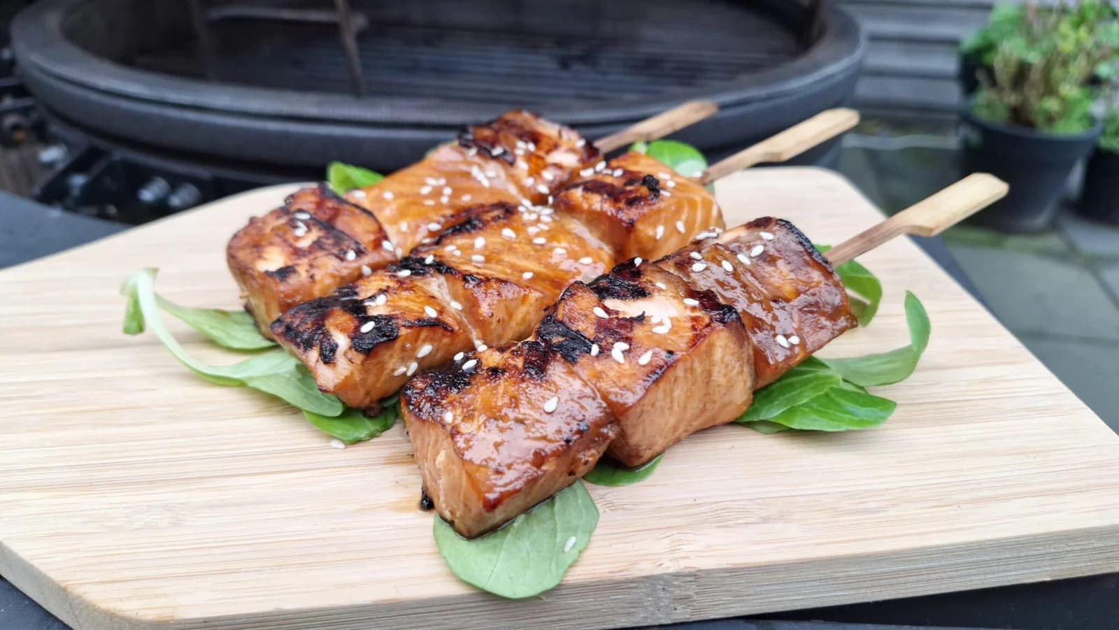 Asian-style BBQ salmon skewers