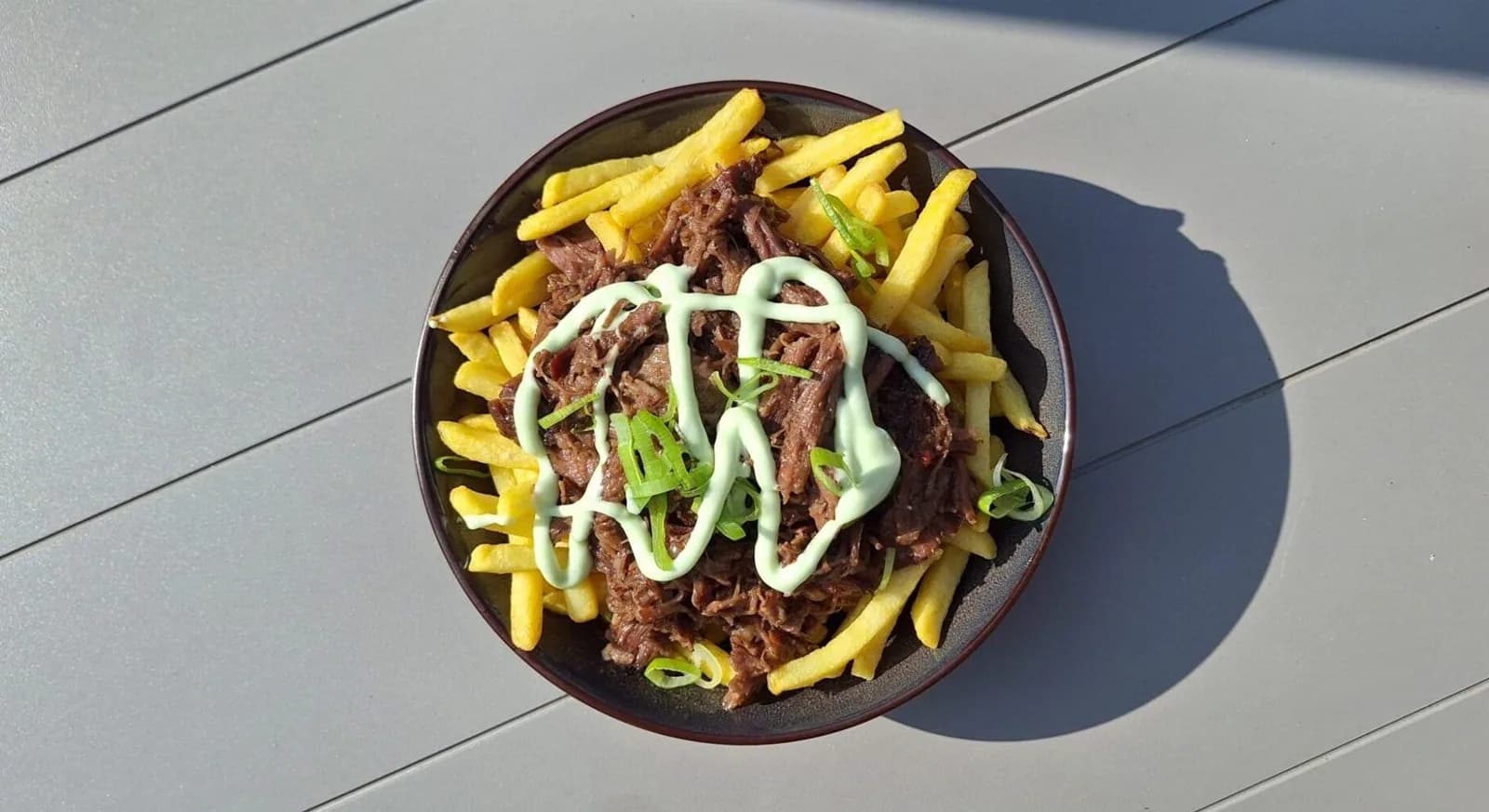 Loaded fries with Asian-style pulled beef